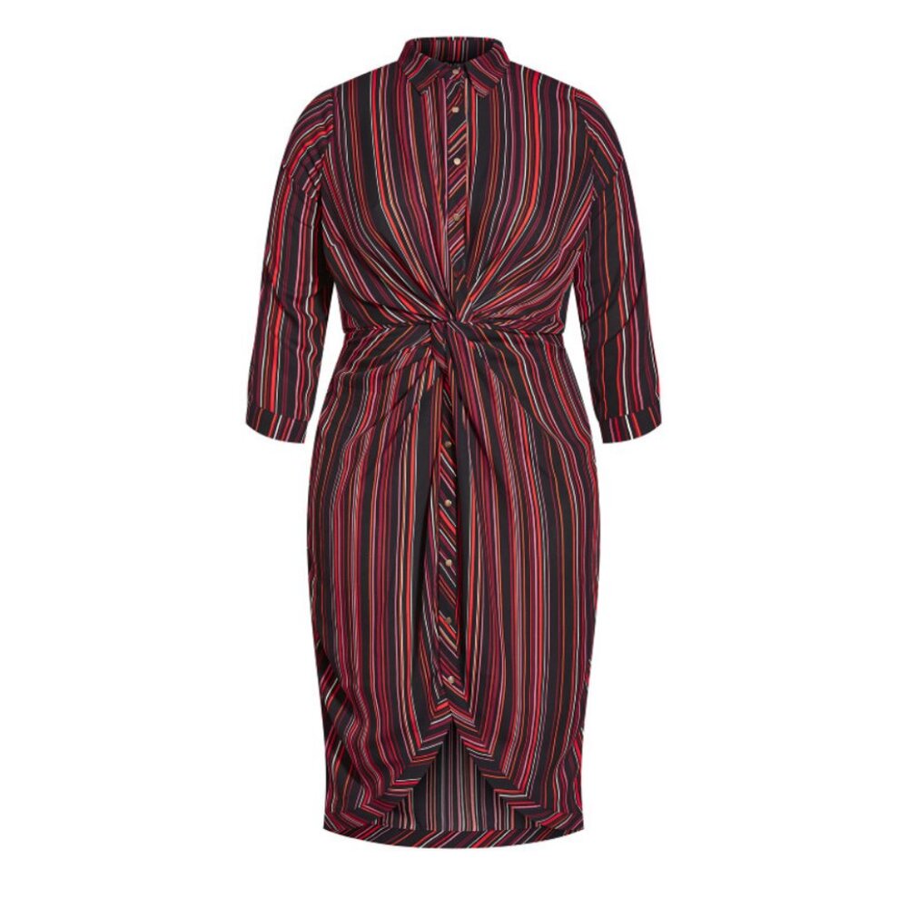City Chic Amber Black Red Pink Striped Twist Front Dress